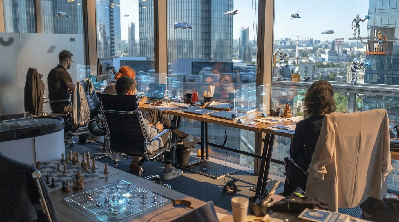 A strategy team working over the Tel Aviv skyline, planning where AI belongs in the business
