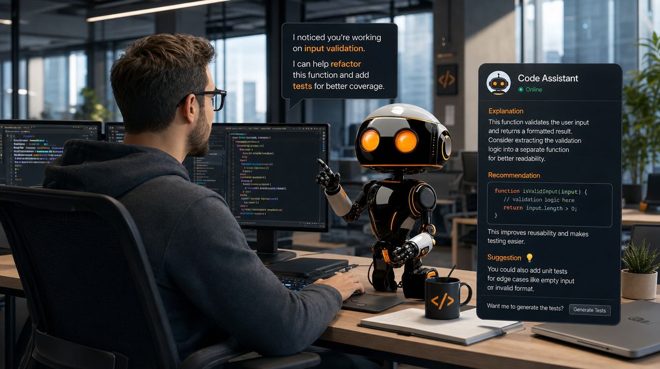 An AI coding assistant reviewing a developer's code in real time