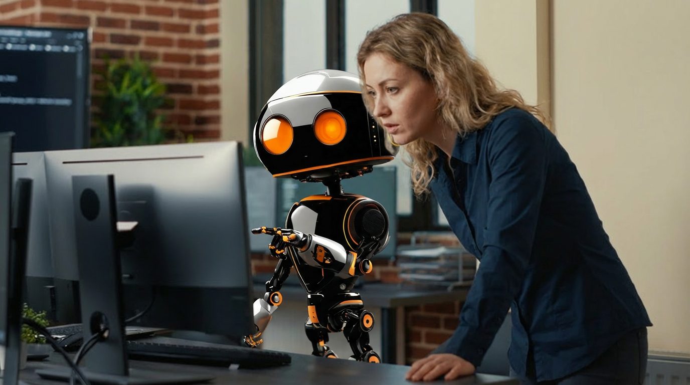 The KO AI robot working with an employee at a workstation in a client office