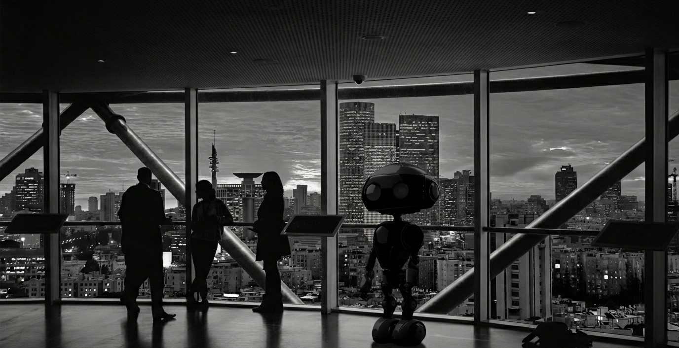 Business leaders and an AI agent looking out over the Tel Aviv skyline at dusk