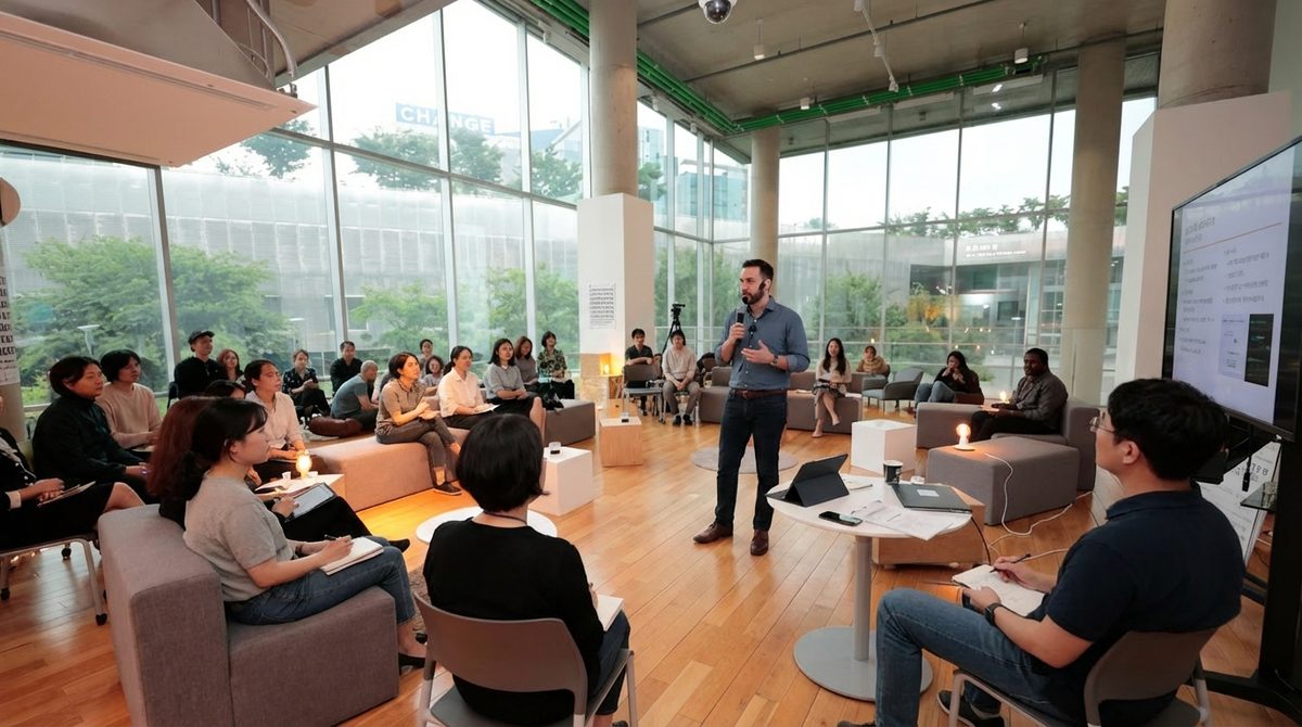 A team in a hands-on AI workshop in a bright modern space